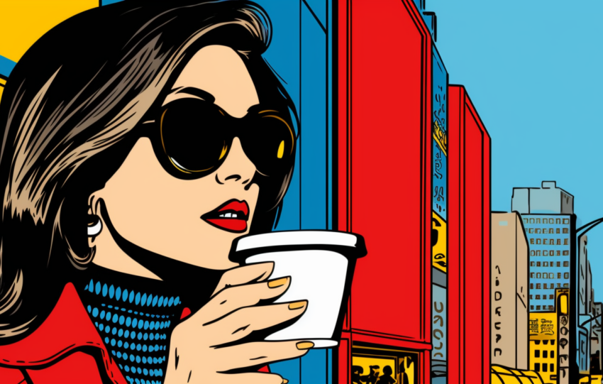 Woman drinking decaf coffee pop art