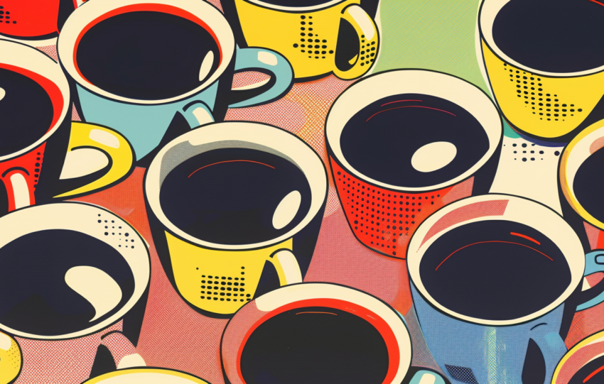 Pop Art Illustration of overhead view of colorful cups of coffee, a call for decaf roasters